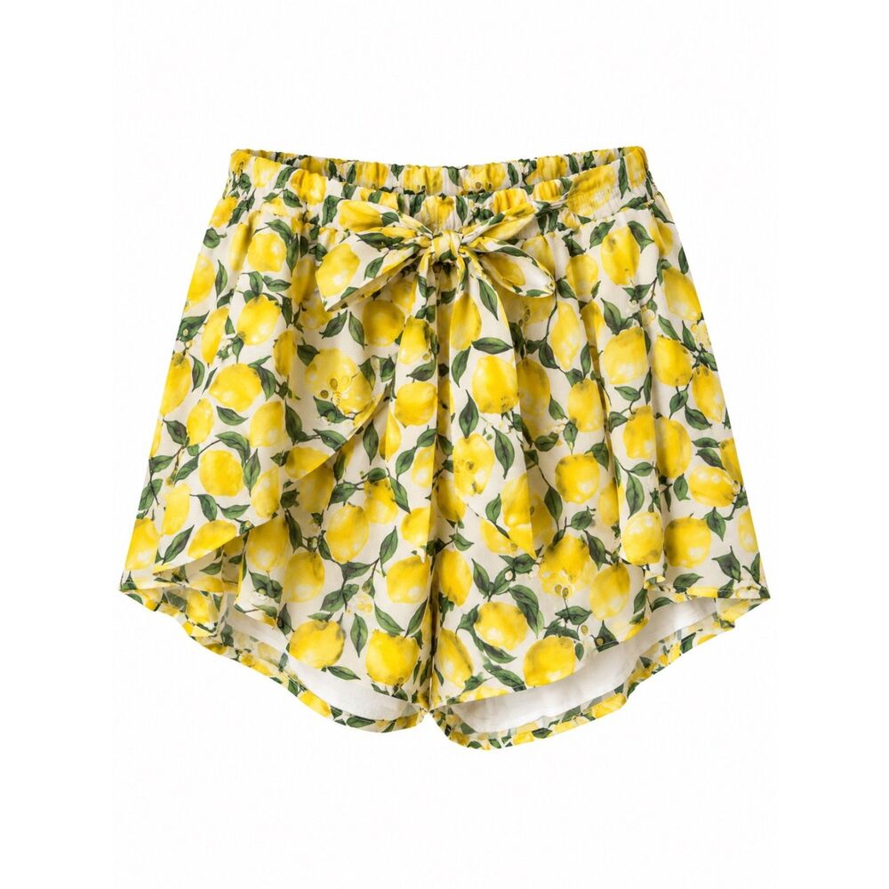 Gianni Bini Lemon Print Eyelet Tie Waist Shorts Yellow White Green Size M